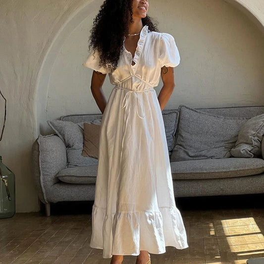 Leisure V-Neck Lace Up White Maxi Dress For Women Solid Color High Waisted Short Sleeves Ruched Patchwork Girdle Dress