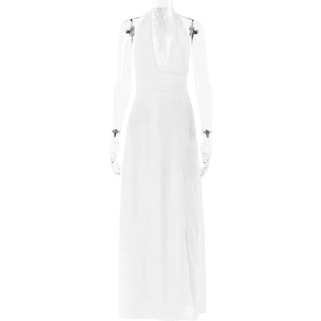 Halterneck V-neck Sexy Backless Women Dresses Elegant Party Fashion High Waist Slit Sleeveless Long Dress Lace-up Evening Dress