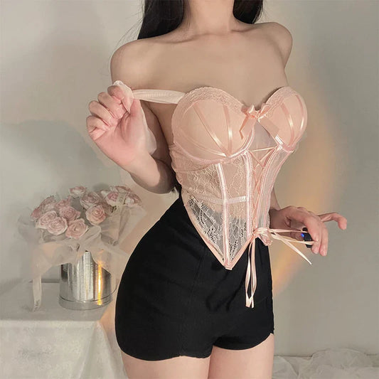 INSCUTEE Kawaii Cute Pink Corset Camis Y2k Vintage Pastel Goth Soft Grunge Lace Patchwork Bow Crop Tank Tops Female