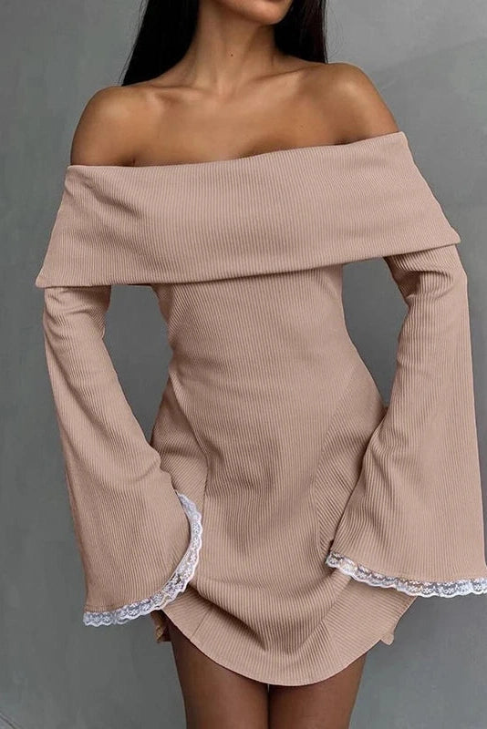 Off-Shoulder Mini Dress with Lace Detail and Flare Sleeves