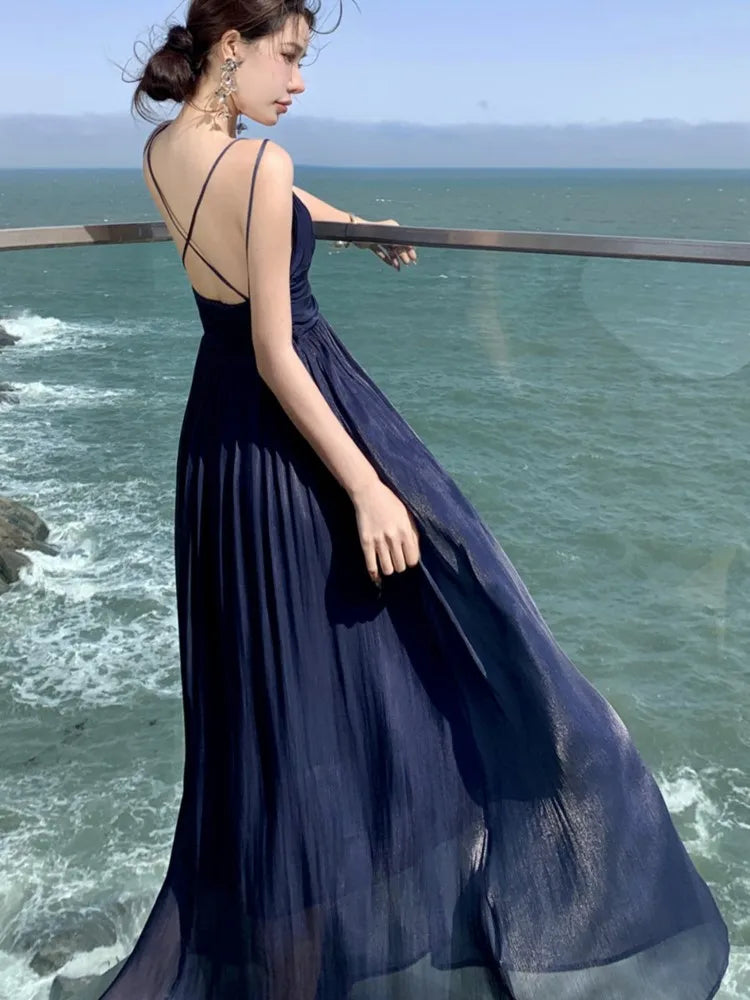 Summer New Spaghetti Strap Long Dresses for Women V-neck A-line Evening Party Dress Backless Prom Robe One Piece Vestido Mujer