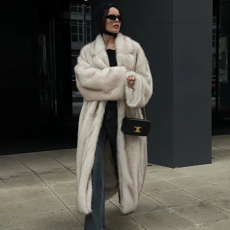 Vintage Luxury Long Faux Fox Fur Coat Women  Winter Warm Fluffy Fur Jacket Female Street Furry Outerwear Overcoat