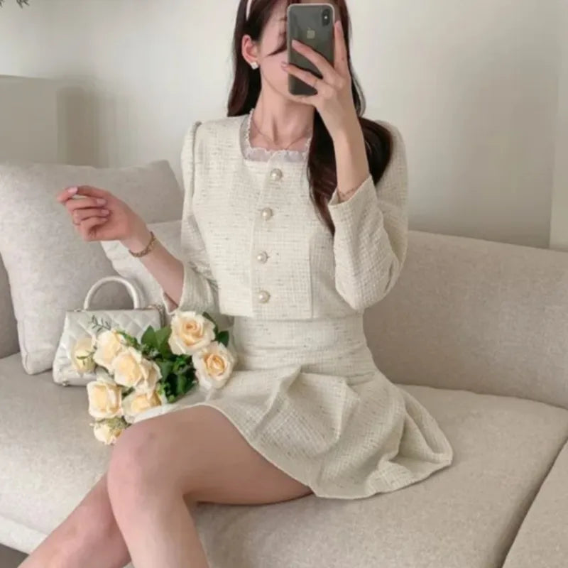 Korean Fashion Elegant Tweed Short Jacket Cropped Coats + High Waist Mini Skirts Suits Autumn New Slim Women Two-Piece Sets