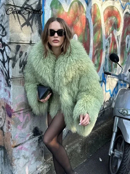 Luxury Fluffy Faux Fur Jacket Coat Women Oversize Long Sleeve Lapel Plush Overcoat  Winter Chic Lady Thicken Warm Outwear