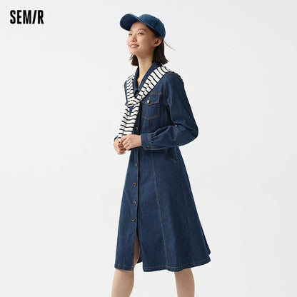 Denim Dress Women With Shawl  Mid-length Dress Workwear Style in Spring