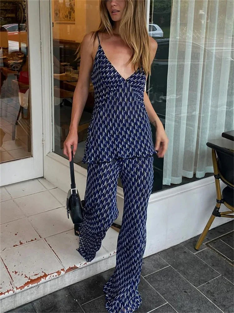Printed Fashion Women’s Pants Outfits V-Neck Contrast Slim Pullover And Wide Leg Trousers 2 Piece-Set Clothes Casual Sets