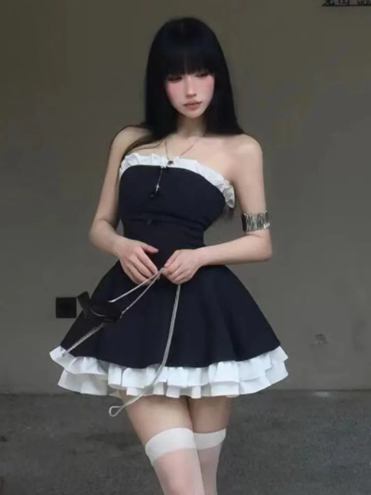 Y2K Birthday Party Dress Strapless Patchwork Ruffles A-line Short Dresses for Women French Ball Gown One Piece Vestido Mujer