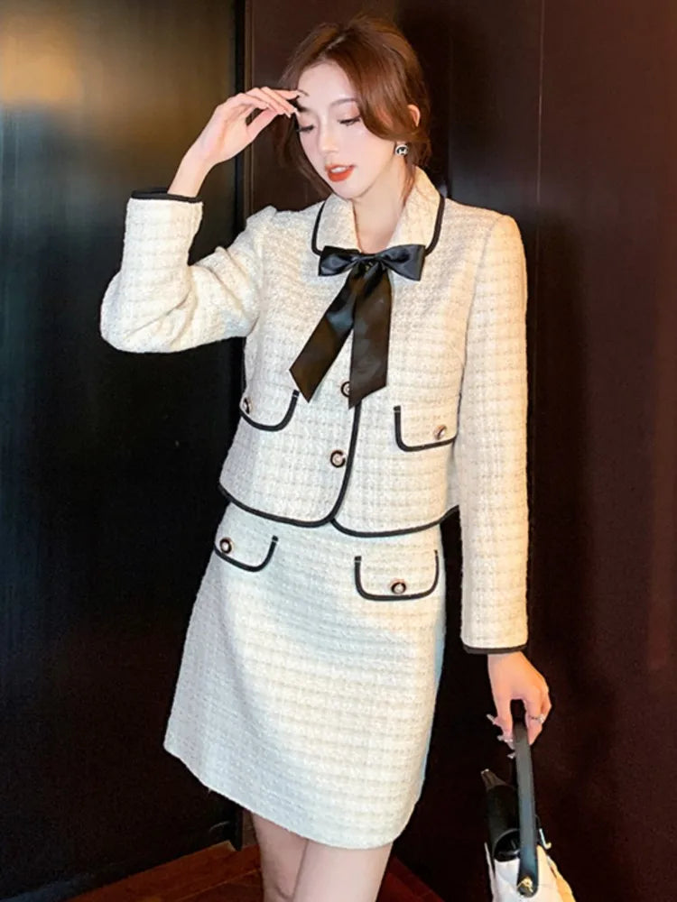 French Vintage Two-piece Skirt Set Women Autumn New Suit Single Breasted Crop Coat Bow Mini Skirt Korean Fashion Chic Outfits