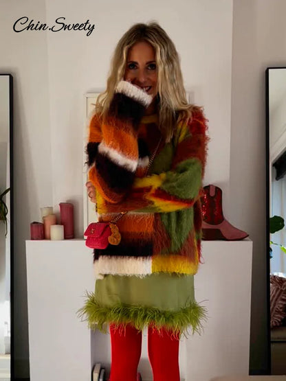 Casual Mohair Knit Women Pullover Colorful O-neck Long Sleeve Loose Sweater  New Autumn Fashion Lady All-matching Knitwear