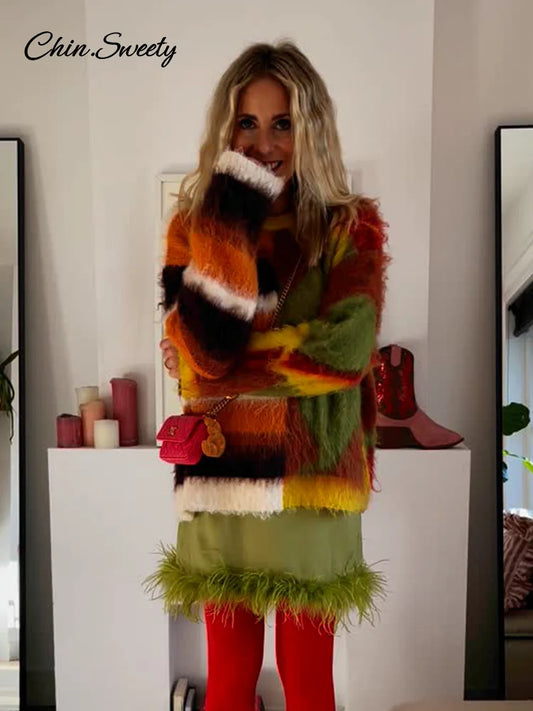 Casual Mohair Knit Women Pullover Colorful O-neck Long Sleeve Loose Sweater  New Autumn Fashion Lady All-matching Knitwear