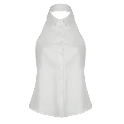 POLO Lapel Buttons Shirt Vest Backless Lacing Women's Clothing Halter Solid Tops For Female Versatile 2024 Summer Clothes