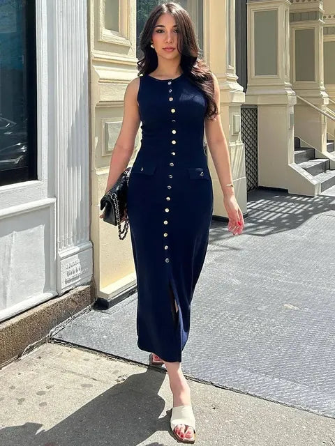 Elegant Knit Ribbed Long Dress For Women Slim Fashion Sleeveless Patchwork High Waist Pocket Dress Women’s Maxi Dress