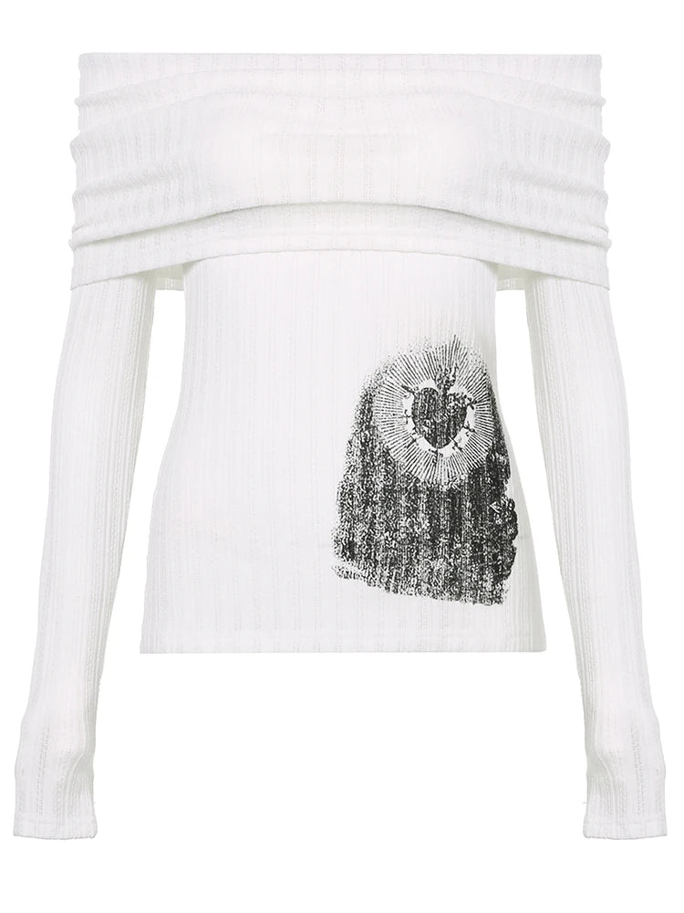 Off Shoulder Slim Long Sleeve Elegant T Shirt Women Abstract Print Korean Minimalism Style Simple Fashion Knitted Tops