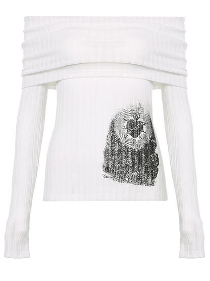 Off Shoulder Slim Long Sleeve Elegant T Shirt Women Abstract Print Korean Minimalism Style Simple Fashion Knitted Tops