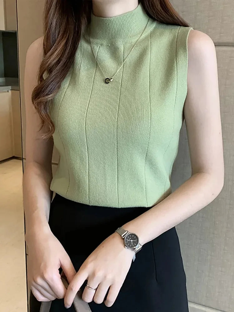 Spring Women Knitted Green Tank Tops Women Thin Tops Basic Casual Tank Tops O-neck Tees Sleeveless Tops For Women