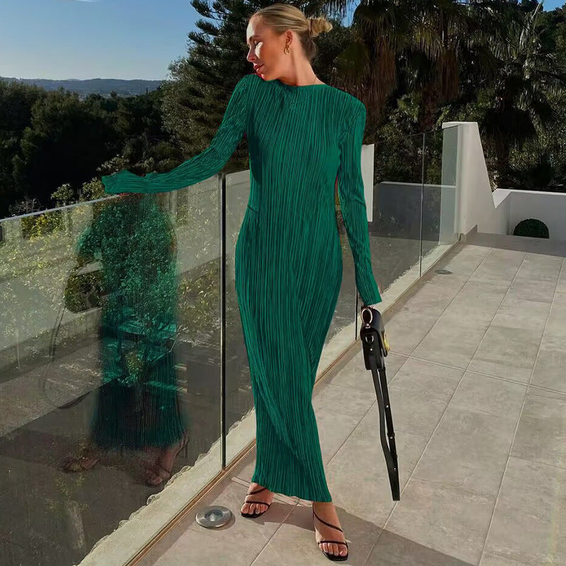 Vestido largo informal de cuello alto y pliegues para mujer | Ideal para primavera/verano