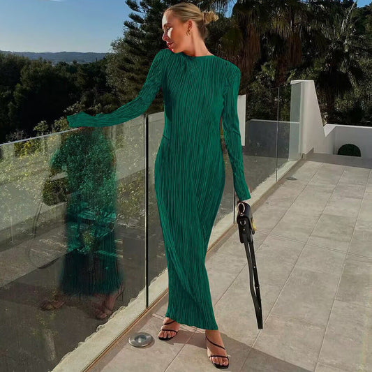 Vestido largo informal de cuello alto y pliegues para mujer | Ideal para primavera/verano