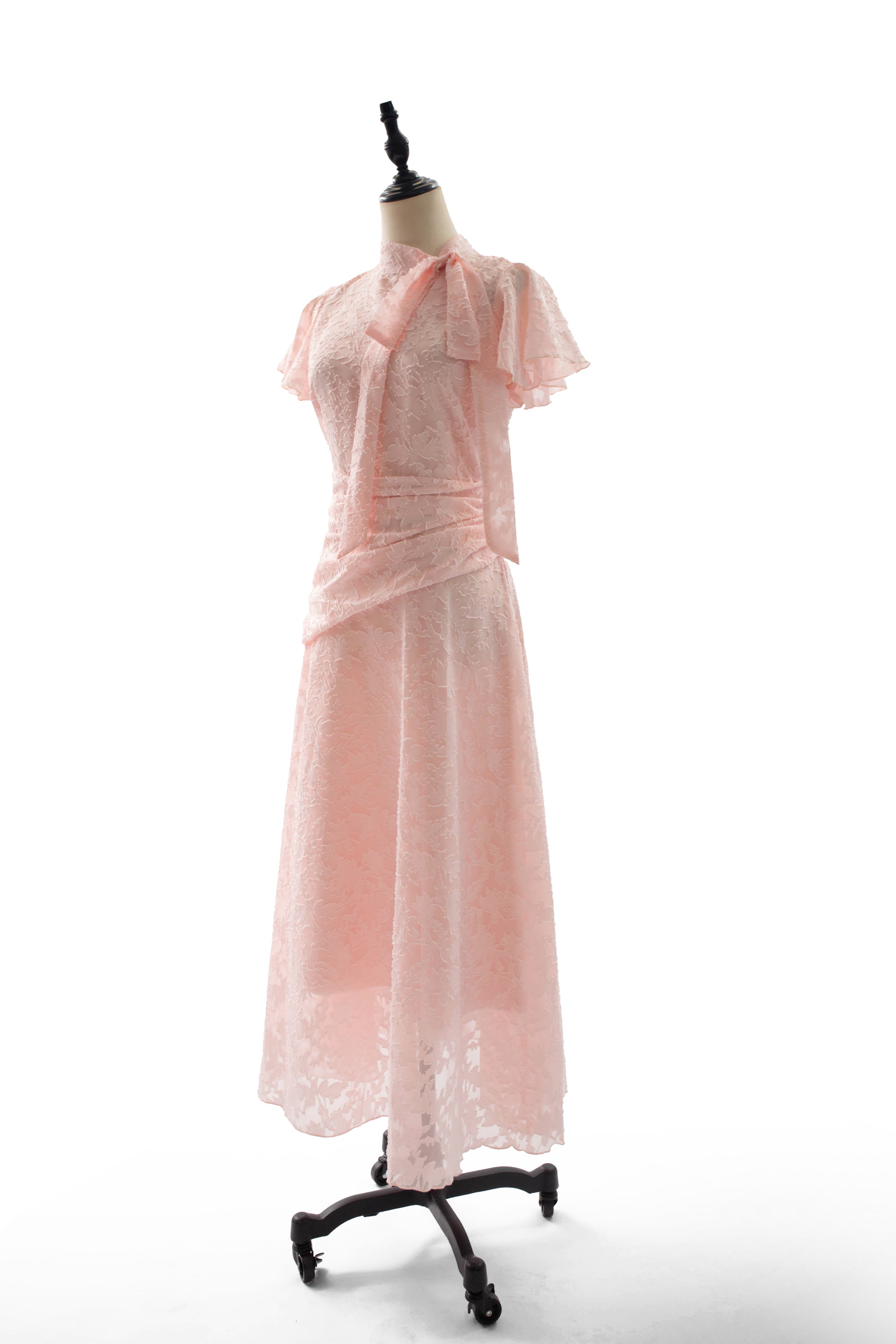 Date Night Dresses Maxi Ruffles Zipper Short Sleeves Stand Collar Petal Sleeves Elegant Pink Dress