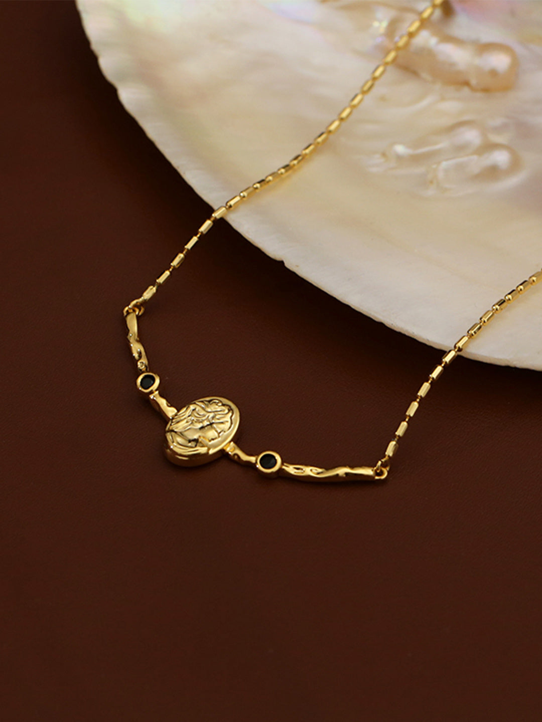 Vintage Portrait Embossed Black Zircon Necklace