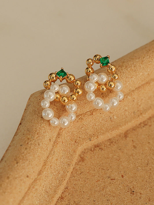 Vintage Zircon Glass Colorblock Beaded Pearl Earrings
