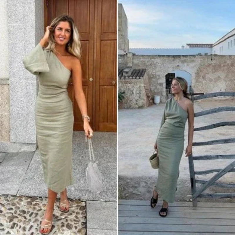Vestido verde salvia de un solo hombro para mujer | Ideal para primavera/verano