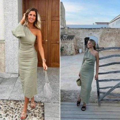 Vestido verde salvia de un solo hombro para mujer | Ideal para primavera/verano