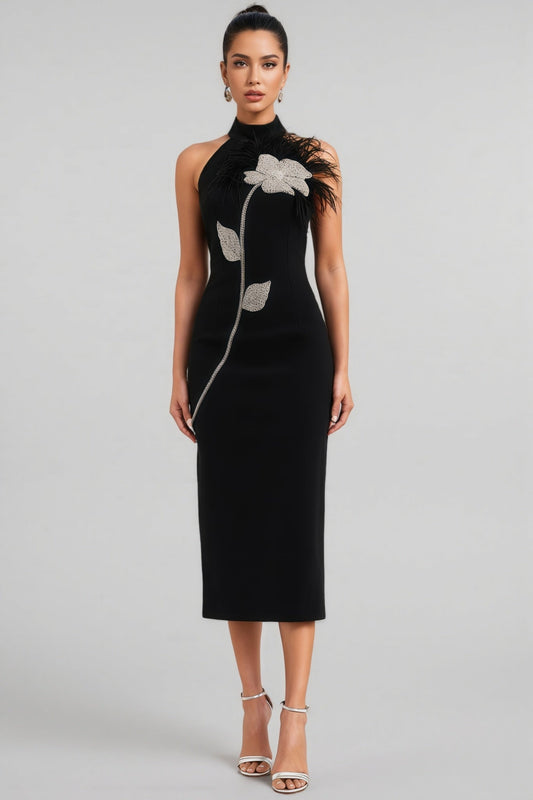 Thian Floral Embellished Feather Bandage Midi Dress
