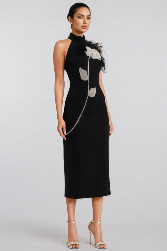 Thian Floral Embellished Feather Bandage Midi Dress
