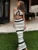 Knit Striped 2 Piece-Set Long Skirt Female Ruffled V-Neck Casual Beach Holiday Contrast Outfits Knitwear Maxi Skirt Sets
