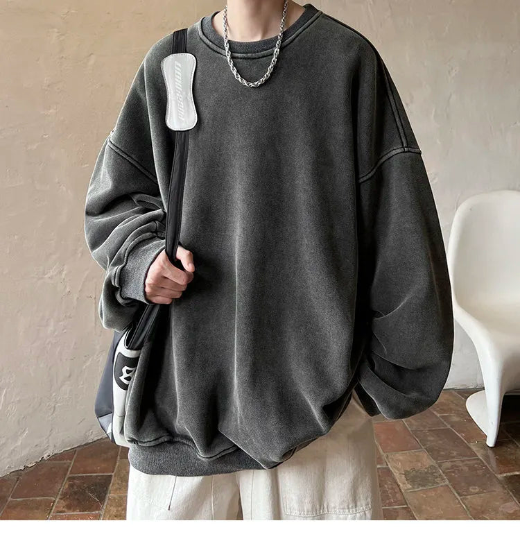 American Washed Old Pullovers Sweatshirts Loose Solid Color Large Size Warm O Neck Tops Hip Hop Y2k Sweatshirt