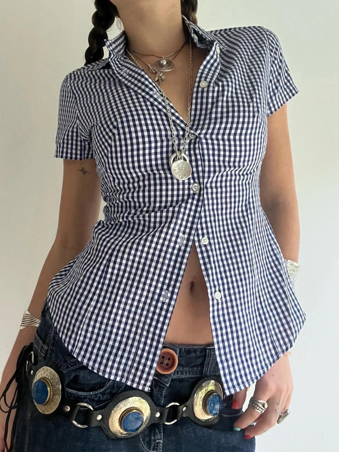 American Retro Casual Short Sleeve Plaid Shirts For Women Button Up Turn Down Collar Summer Spring Preppy Tops