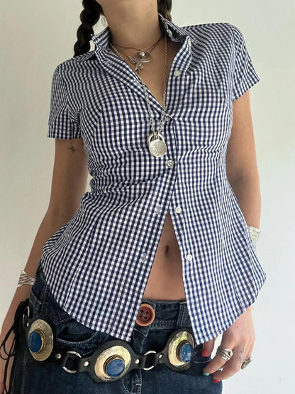American Retro Casual Short Sleeve Plaid Shirts For Women Button Up Turn Down Collar Summer Spring Preppy Tops