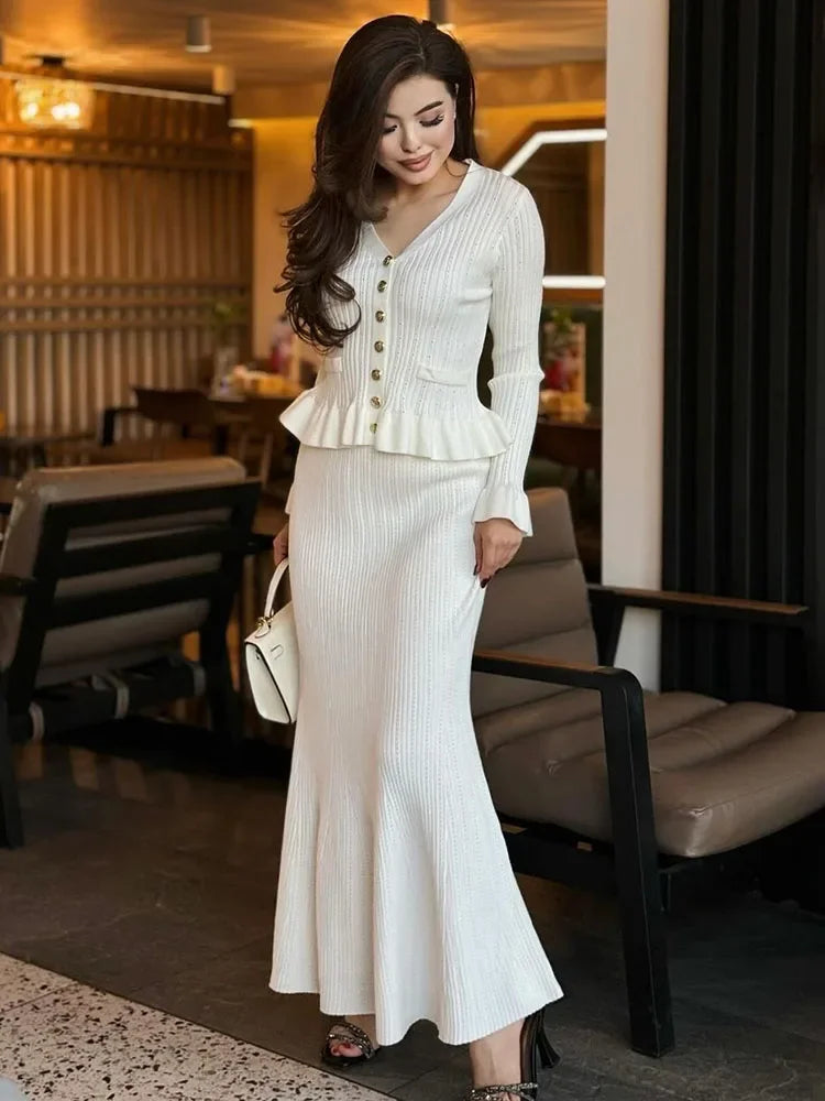 Ruffle Slim Knitted Dress Women&#8217;s V Neck Long Sleeve Mermaid Long Dresses Elastic Button Patchwork Elegant Party Dress