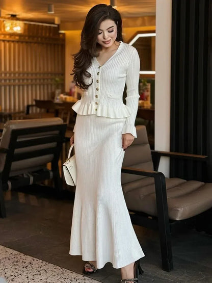 Ruffle Slim Knitted Dress Women&#8217;s V Neck Long Sleeve Mermaid Long Dresses Elastic Button Patchwork Elegant Party Dress