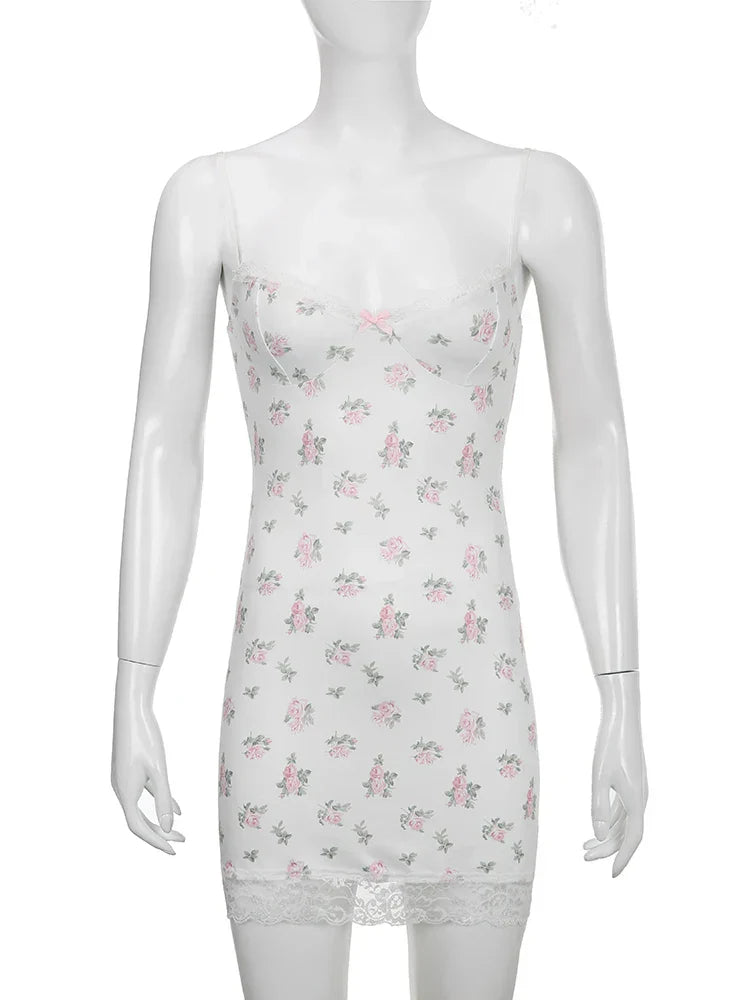 Voguable  Coquette Aesthetic Spaghetti Strap Lace Floral Dress Sweet Y2K Bodycon Night Dresses Beach Holiday Casual Robe