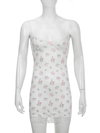 Voguable  Coquette Aesthetic Spaghetti Strap Lace Floral Dress Sweet Y2K Bodycon Night Dresses Beach Holiday Casual Robe