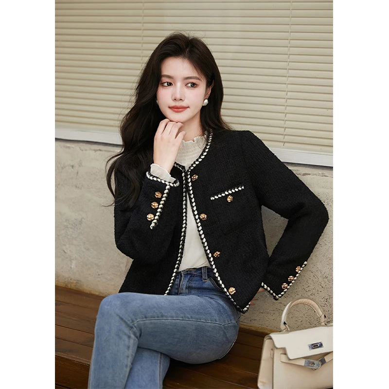 Vintage Cropped Tweed Jacket Women Black Quilted Coat Elegant Blazer Winter Ladies Single Breasted Thicken Outerwear Tops