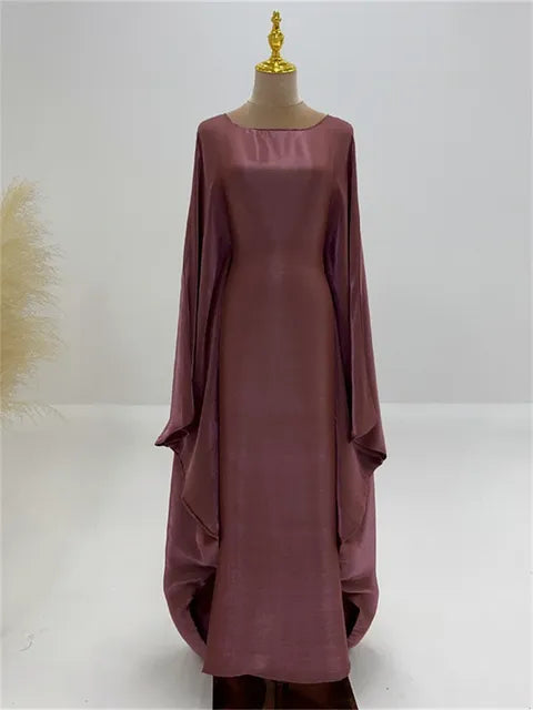 Autumn Loose Shiny Maxi Dress Women’s Butterfly Batwing Long Sleeve Muslim Clothes Party Dress Solid Female Long Dress New