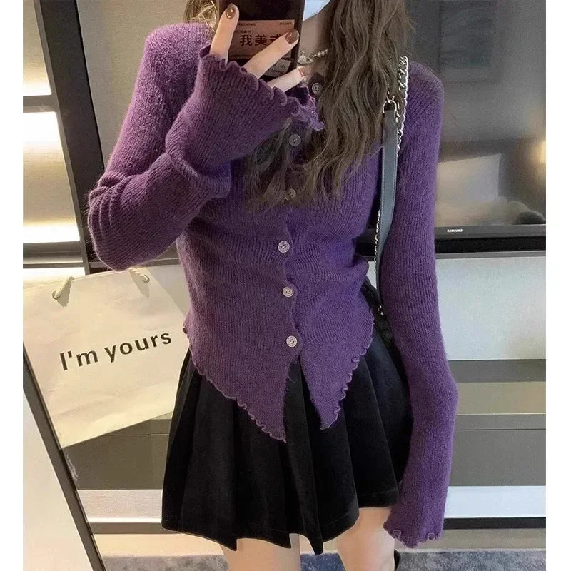 Autumn Hotsweet Long Sleeve Single Breasted Ladies Cardigans Women Gyaru Solid Color Knitting Casual O-Neck Sexy Sweater