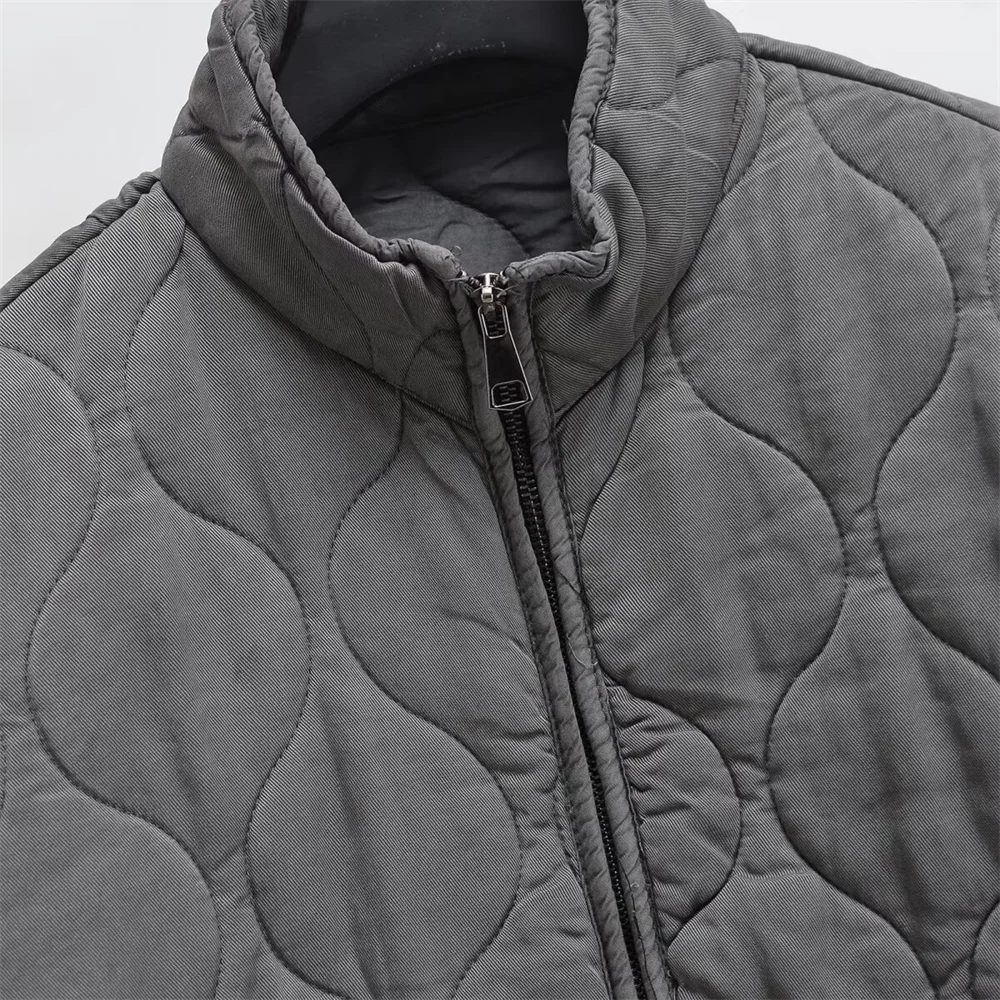 Winter New Women’s Clothing Style Commuting Leisure Warm Stand Collar Loose Pocket Diamond Grid Cotton Coat
