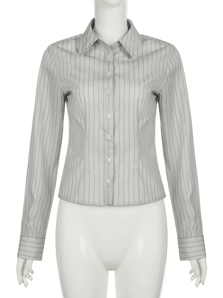 Voguable Striped Blouses Office Ladies Y2K Aesthetic Vintage Buttons Up Lapel Collar Shirts Korean Casual Tops