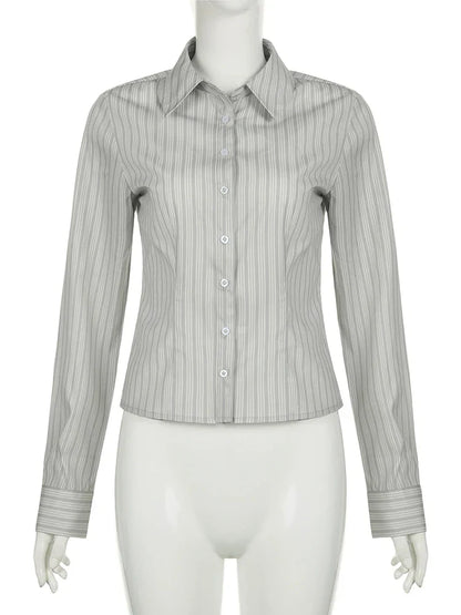 Voguable Striped Blouses Office Ladies Y2K Aesthetic Vintage Buttons Up Lapel Collar Shirts Korean Casual Tops