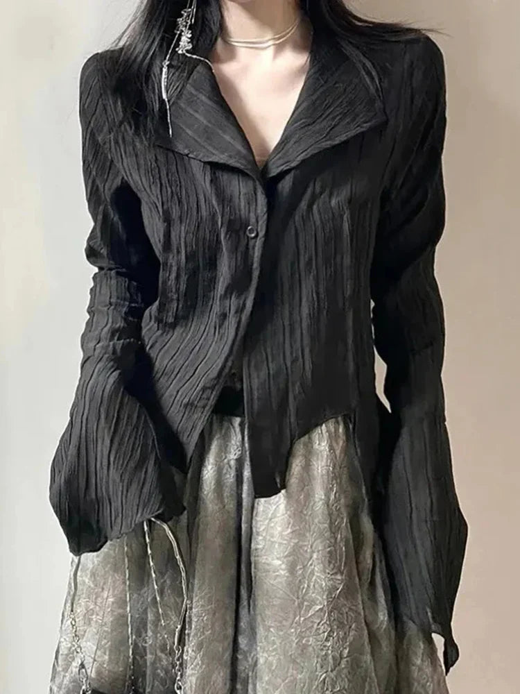 Voguable  Gothic Harajuku Black Shirt Vintage Long Sleeve Y2K Blouse Casual American Retro Irregular V Neck Loose Tops Spring
