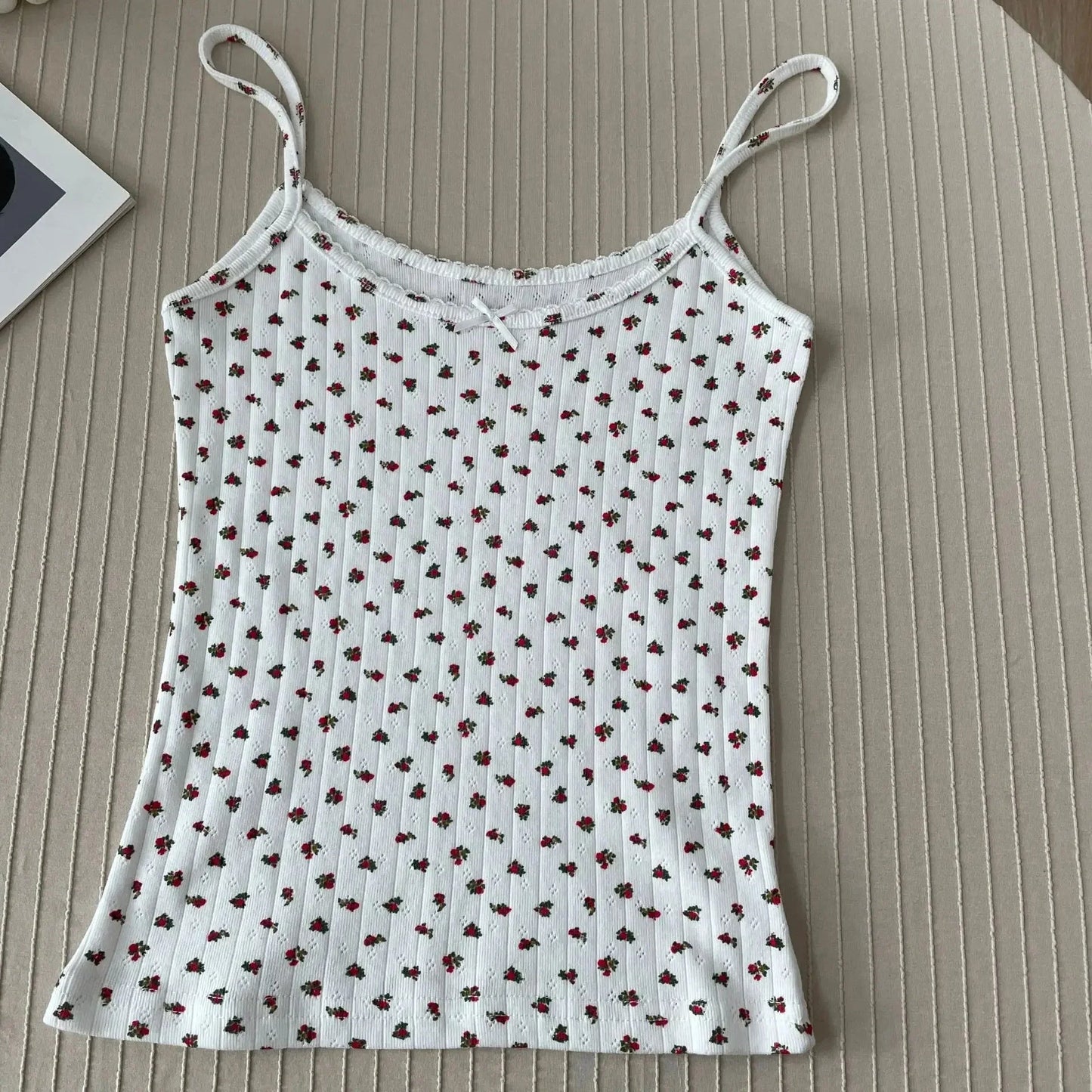 Floral Eyelet Bow Cotton Crop Tops Lace Trim Sleeveless Slim Tank Top Preppy Style Sweet Camisole Y2k Clothes