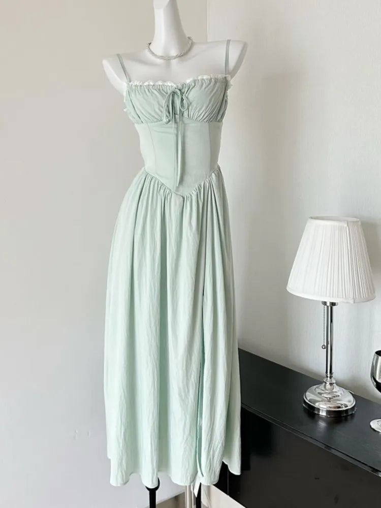 Summer New Spaghetti Strap Backless Midi Dresses for Women Lace-up Sleeveless Beach Style Korean Fashion One Piece Vestido Mujer