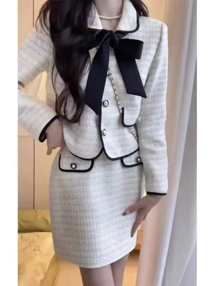 French Vintage Two-piece Skirt Set Women Autumn New Suit Single Breasted Crop Coat Bow Mini Skirt Korean Fashion Chic Outfits