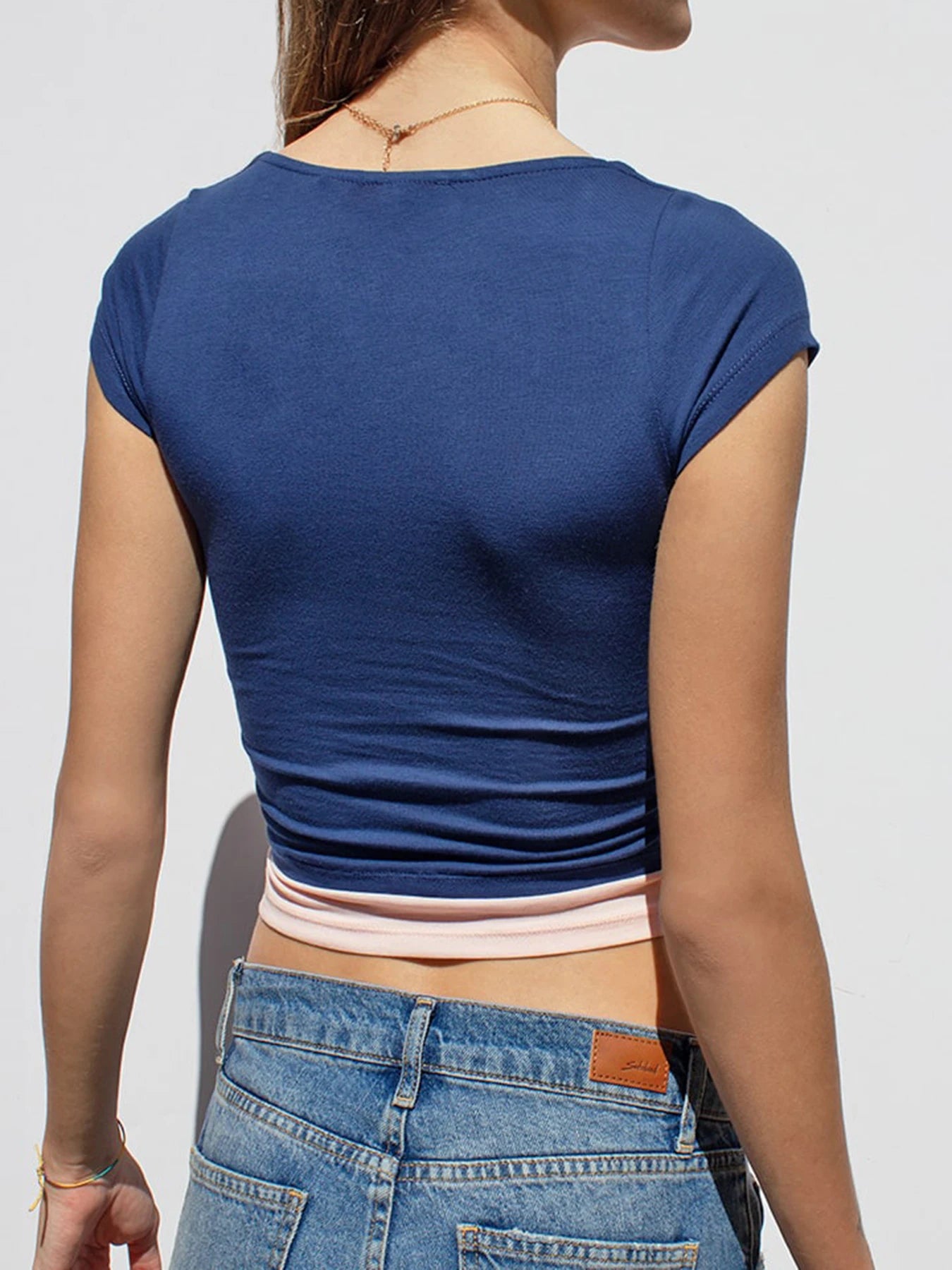 Contrast Patchwork Slim Casual Cute Y2K Cropped T-Shirts Women Blue Square Collar Short Sleeve Basic Summer Top Tees