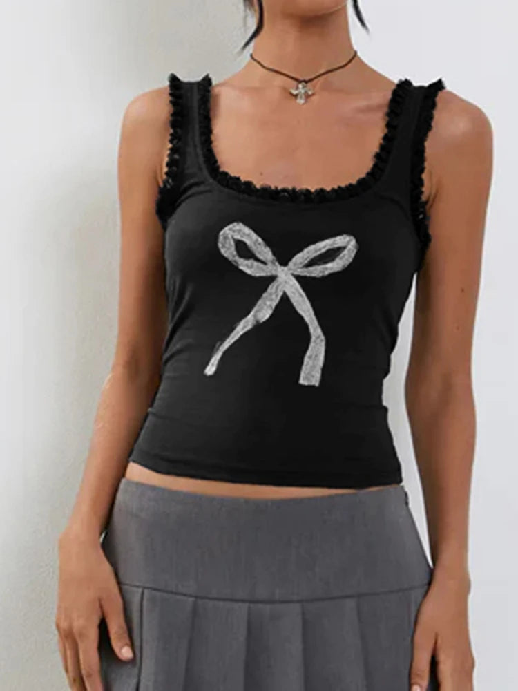 Lace Trim Bow Print Sleeveless Slim Square Collar Y2K Crop Top Women Basic Cute Tank Vest