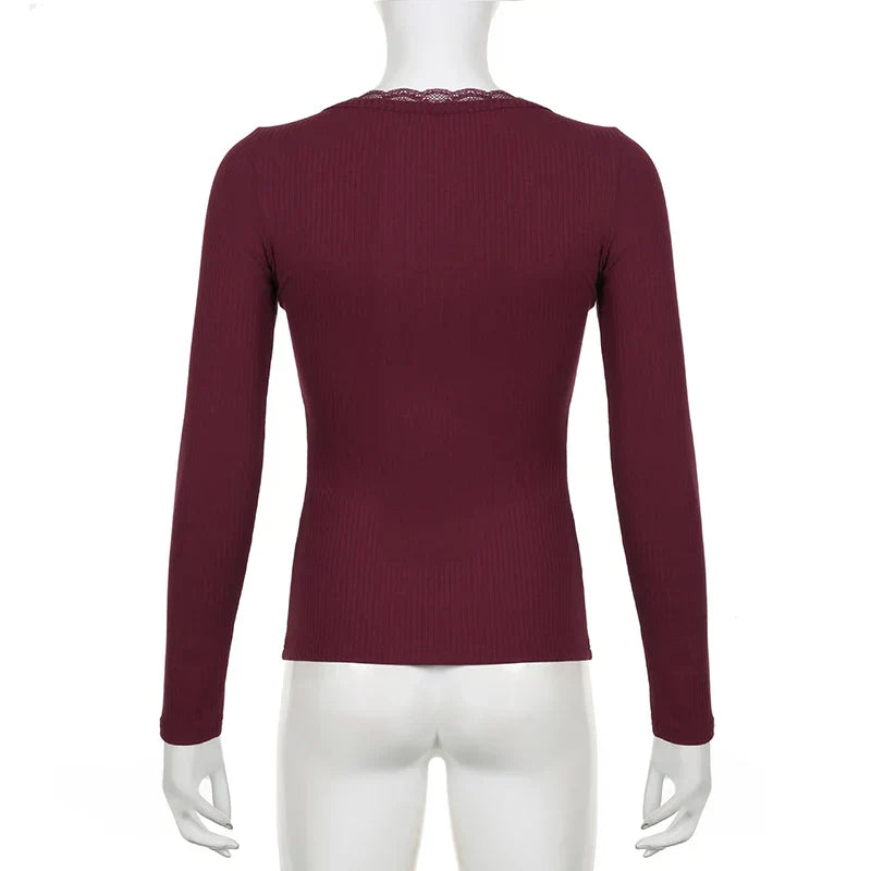 Voguable  Y2K Button-up Knitted Top Red Year Christmas Coquette Aesthetic Slim-fit T-shirts Sweet Cute Knitwear Festival Tees