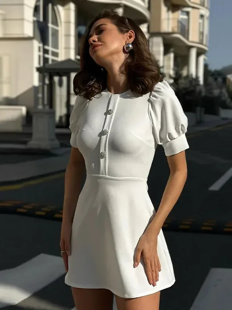 Elegant Slim Mini Dress Women Lace Short Sleeve Doll Collar Button Splice Autumn Fashion Classic Office Dresses Female